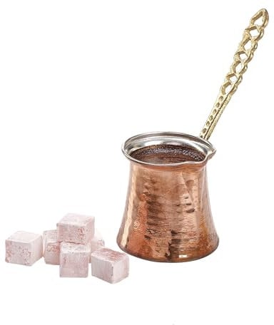 DESTALYA Cezve - Cafetera turca con cuchara de madera, cafetera de cobre martillado de 5.2 onzas líquidas con mango de metal, calentador pequeño para parte superior de la estufa, Cezve (cafetera con