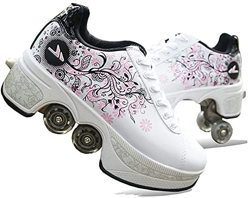 GKZJ Verstellbare Quad-Rollschuh-Stiefel, Inline-Skate, Unisexe Skates Deformation Schuhe,2-in-1-Mehrzweckschuhe,White Black powder-38