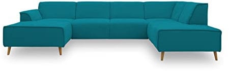 DOMO. collection Wohnlandschaft Jules FK, skandinavisches Sofa mit Federkern, Couch in U-Form mit Holzfüßen, 333 x 191 x 81 cm (BxTxH), Longchair links, türkis