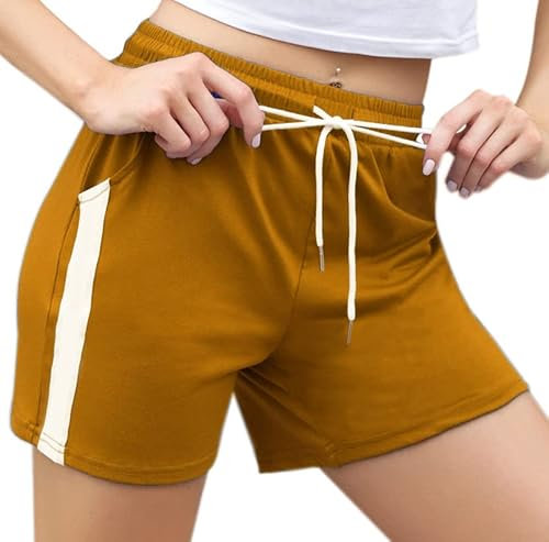 Enjoyoself Damen Kurze Sporthose Gestreift Stretch Sommer Sweatshorts mit Gummibund Kurze Hose zum Yoga,Laufen,Zumba,Tranning Gelb M