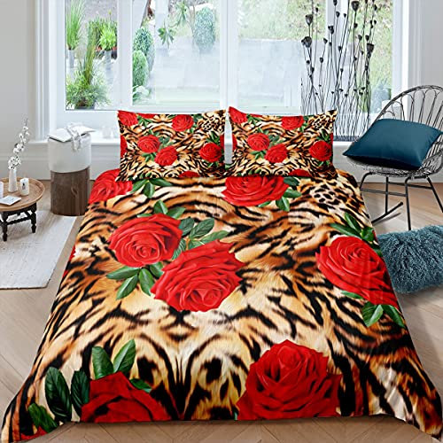 Homemissing 3D Rose Parure de Lit 200x200cm pour Garçons Rose Imprimé Floral Ensembles de Housse de Couette Léopard Guépard Housse de Couette Décorative Fleurs Romantiques Motif 3 pièces