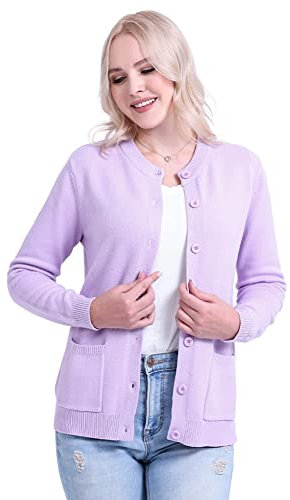 SMILING PINKER Cardigan Donna Manica Lunga Rotondo Collo Giacca Maglione con Bottoni e Tasche(Lavanda,M)