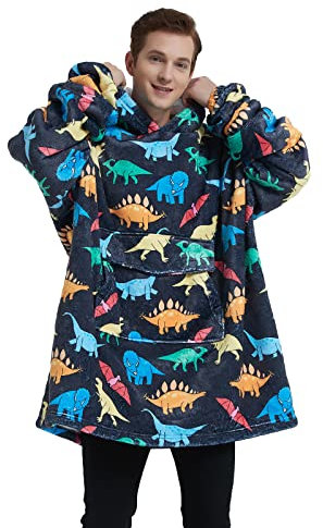 Mewkou Tragbare Decke, Hoodie für Erwachsene, Damen, Herren, übergroße Sherpa-Sweatshirt, tragbare Decke mit riesiger Tasche, super warme, weiche Flanell-Kapuzendecke, Dinosaurier
