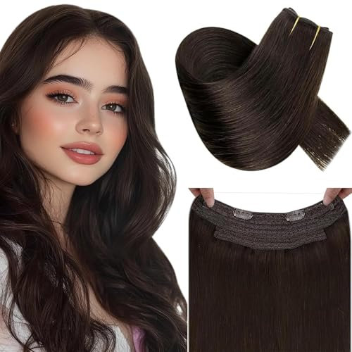 RUNATURE Remy Secret Draht Extensions Echthaar Invisible Wire on Extension Echthaar 18 Zoll 80g Farbe Dunkelbrauner Remy Wire auf Real Human Hair
