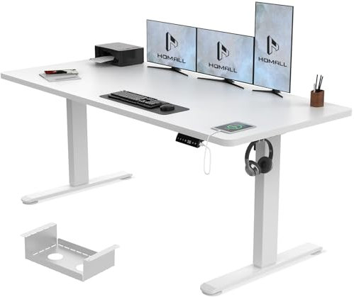 Homall 160x80cm Height Adjustable Standing Desk with Upgrade Frame with Headphone Holder,Sit Stand Desk with 3 Memory Positions,Wihte