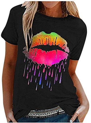 Lippen drucken T-Shirt Damen 80er Jahre Tshirt mit Lippen Karneval Kostüm 90er Jahre Kostüm Lustig T Shirt Sommer Kurzarm Oberteil Rundhals LippenMotto Party Retro T-Shirt Tops Tunika (A-Black, L)