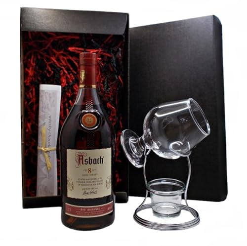 Asbach 8 Jahre Privatbrand 0,7L Weinbrand - Brandy Glas & Erwärmer Geschenk | Geschenkset Asback in edler Geschenkbox mit Brandyglas & Gestell mit Glas zum Erwärmen des Asbachs - Männergeschenke