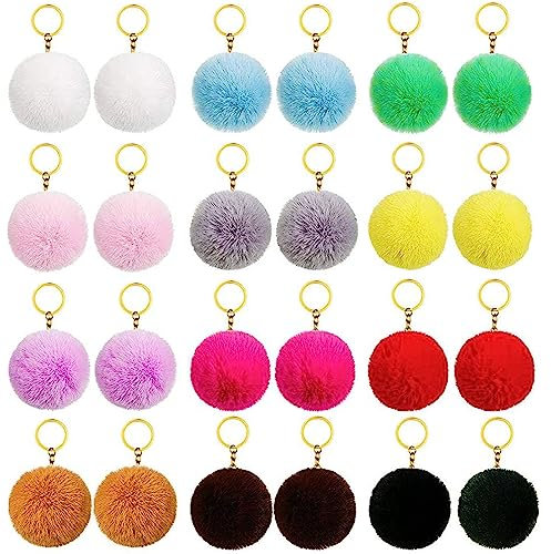 ANBOWEI 24 Stück Pompons Schlüsselanhänger Plüsch Bommel 8cm Faux Kaninchen Pelz Pompoms mit Schlüsselringe Biegeringe Pom Poms Keyrings Anhänger Zubehör für Damen Mädchen Tasche Mützen