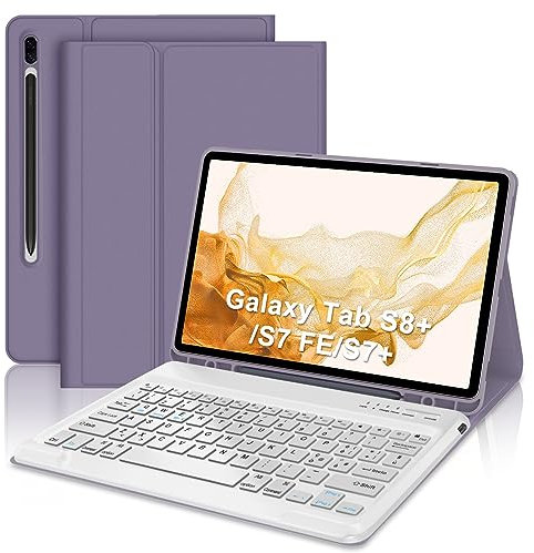 IVEOPPE Custodia con Tastiera per Samsung Galaxy Tab S7 FE/S8+/S7 Plus 12.4 Cover con S Porta Penna, Italiana Tastiera (Layout é.ç.§ QWERTY) Compatibile SM-X800/X806/T970/T975/T730/T736B,Viola