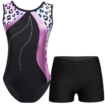 TTAO Gymnastikanzug Kinder Mädchen Turnanzug Ärmellos Ballettanzug Tanz Gymnastikbody mit Shorts Training Wettkampf Tanzkostüm Rosa Leopard 98-104