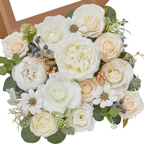 Serwalin Artificial Flowers White Cake Flowers for Wedding, Silk Flowers Cake Decoration, Fake Flowers for Centerpieces Bouquets White Roses Peonies Real Touch Flowers, Bridal Shower DIY
