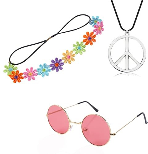 Hippie Kostüm Damen Zubehör Set Hippie Accessoires Vintage Hippie Brille Im Stil 60er Jahre Rund Retro Sonnenbrille Hippie Kranz Stirnband Friedenszeichen Halskette