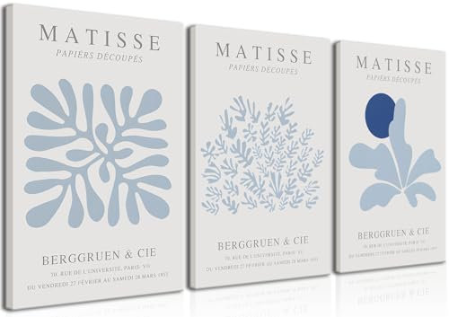 Bwodke Gerahmte abstrakte Matisse blaue Pflanzenblätter Leinwand Wandkunst Poster Poster Set von 3 Blumenmarkt ästhetische Bilder minimalistische Wanddekoration Gemälde Wohnzimmer Schlafzimmer
