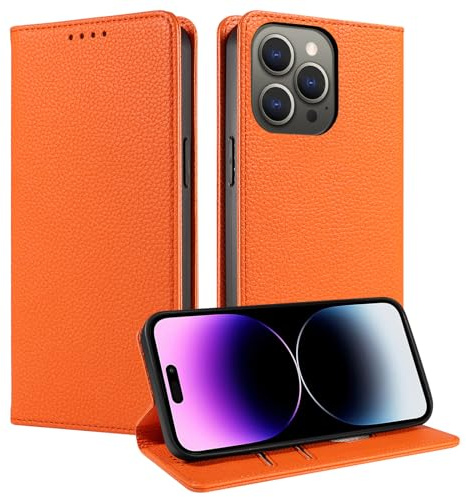 FERLAN Hülle für iPhone 14 Pro Schutzhülle [Litschi Leder][Kartenfach][Magnet][Standfunktion][RFID-Sperre],Handyhülle Ledertasche Kompatibel mit iPhone 14 Pro - Orange