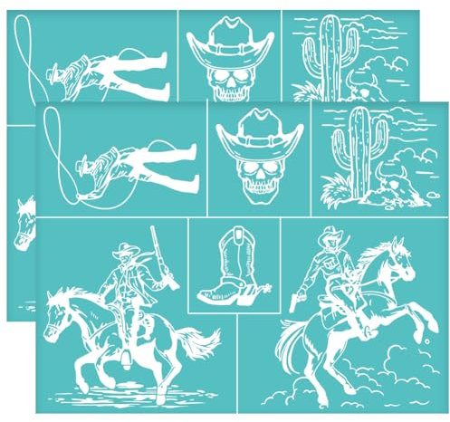 OLYCRAFT 2 Stück 28x22cm Pferd Selbstklebende Siebdruckschablone Cowboy Kaktus Siebdruckschablone Western Thema Mesh Schablonen DIY Farbübertragung für DIY T-Shirt Stoffmalerei
