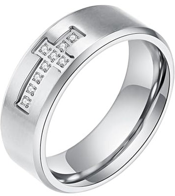 JewelryWe Kreuz Ring Herren Zirkonia: Schwarz Edelstahl Herren-Ring mit Zirkonia Kreuz Kruzifix Hip Hop Punk Bandring Männer Christliche Ringe Band mit Gravur Größe 70