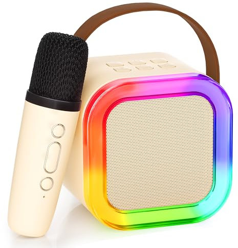 Ankuka Mini Bluetooth Karaoke Machine, 2024 Toy Karaoke with 1 Microphone for 4, 5, 6, 7, 8, 9, 10, 12 Year Old Girls Birthday Party, with LED Ambient Lighting. (Beige)