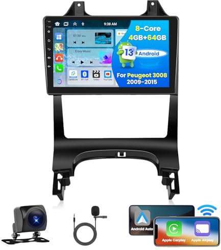 8 Core 4+64GB Android 15 Autoradio Wireless Carplay pour Peugeot 3008 2009-2015, 9 Pouces Écran Tactile Poste Radio Voiture avec GPS Navi, Android Auto, Bluetooth, DSP EQ, Caméra de Recul
