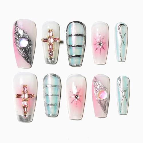 Sun&Beam Nails Handmade Press-on Medium Long Coffin Ballerina Pink Sliver Aurora Rhinestone Y2K Design False Nail Tips 10 Pcs (#137 M)