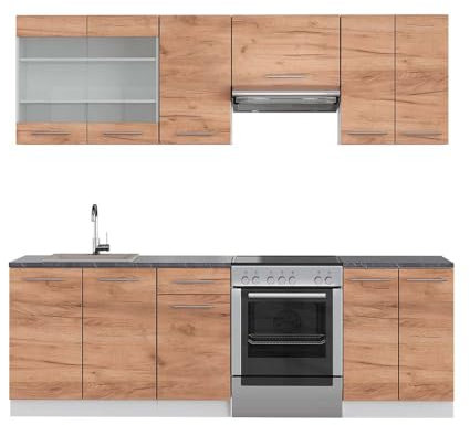 Vicco Küchenzeile Fame-Line, Goldkraft Eiche/Weiß, 240 cm, AP Anthrazit, zur individuellen Erweiterung mit zusätzlichen Modulen geeignet