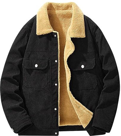 Leichte Herren-Jacke, groß, gepolstert, für den Winter, mit Knöpfen, langärmelig, verdickt, Retro-Jacke, Cordjacke Softshell Warm Herren (Black, XL)