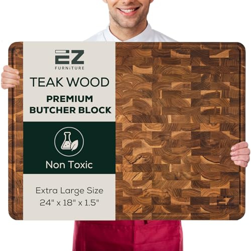 EZ FURNITURE Tabla de cortar extragrande (XL) de grano de teca, reversible, apta para cuchillos, con ranura para jugo y asas, no tóxica, caja de regalo incluida (24 x 18 x 1.5 pulgadas)