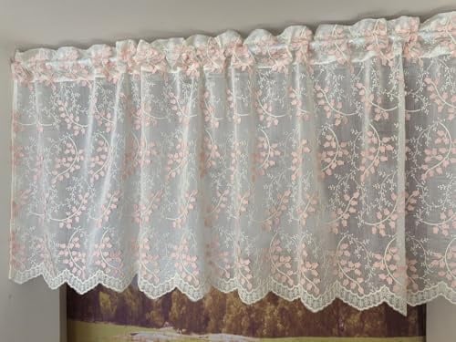 Lyocell-Baumwoll Scheibengardine mit 3D Stickerei Blumen HxB 45x140cm | Landhausstil Kurzgardine mit Wellensaum halbtransparente Bistrogardine mit Stangendurchzug für Küche, Café 1 Stück Rosa
