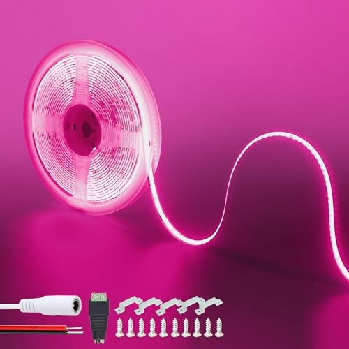 Clearhill 12V COB led tira luces 16.4FT / 5M (sin fuente de alimentación), rosa, 320LEDs / M, con 5521DC hembra y conectores de alambre rojo y negro, ancho de 8mm, IP20