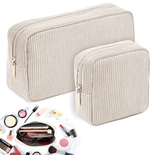 Sprifityy 2Pcs Trousse Maquillage en Velours Côtelé, Trousse de Toilette Femme, Trousse Beige avec Compartiments, Trousse De Maquillage pour Makeup, Accessoires Bebe Ou Voyage (Beige)