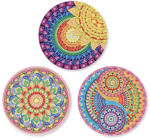 SHEGZHUC 3 Pack Diamond Painting Geschirrmatte Platzset Mandala Bunt 15cm Diamant Malerei Tischsets Topfuntersetzer mit Rutschfester Tellermatte Tischdeko Platzdeckchen für Schüssel Töpfe Pfannen