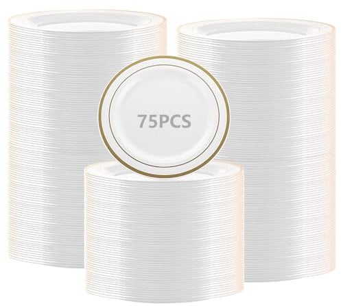 SENENQU 75 Pack Reusable Plastic Plate, 19cm / 7 inch Plastic Party Plates with Gold Rim, Unbreakable Dinner Plates for Weeding Birthday Party Catering