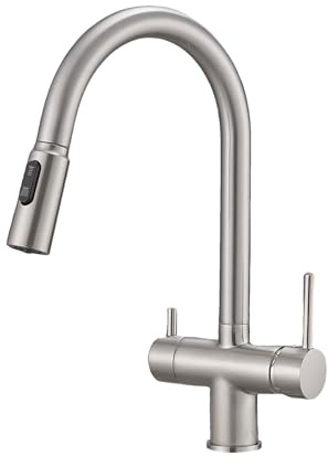 Robinet de Cuisine 3 Voies avec Douchette Extensible Rotation À 360 ° Double Poignée Mitigeur de Cuisine 3 Voies Laiton Eau Froide et Chaude-Brossé