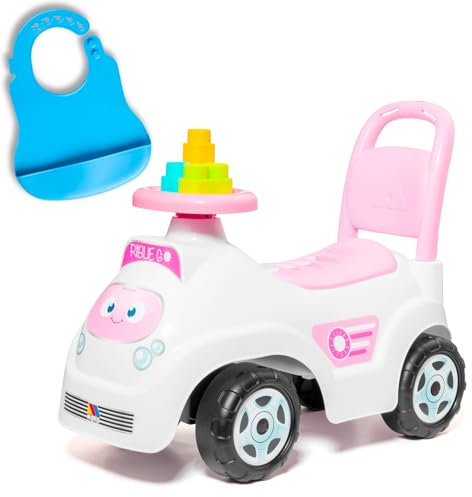 MOLTÓ | Porteur RIBLIE GO Rose avec 10 Blocs + Bavoir en Silicone | Trotteur et Porteur 2 en 1 pour bébés | Sûr, Amusant et coloré | De 10 à 36 Mois