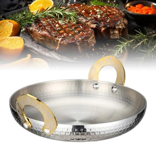 XYUERU Paella pan, Pizza Frying pan, Stainless Steel pan, uncoated with Double Handle, Hand-Hammered Cooking pan for Spanish Dishes, Home Restaurant(Silver,30cm)