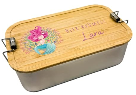 LARIFEE® | Brotdose personalisiert Meerjungfrau, Lunchbox mit Name, Schulanfang, Kindergarten, Einschulung, nachhaltige Edelstahl Vesperdose für Kinder