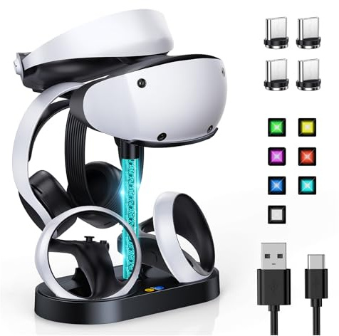 FASTSNAIL Ladestation für PSVR2, LED Ständer für PS5 VR Headset & Sense Controller mit 10 RGB-Licht, Zubehör kompatibel mit PlayStation VR2(Schwarz)