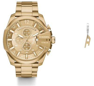 Diesel Herren Mega Chief Goldfarbene Edelstahl Uhr und Ohrringe, Set