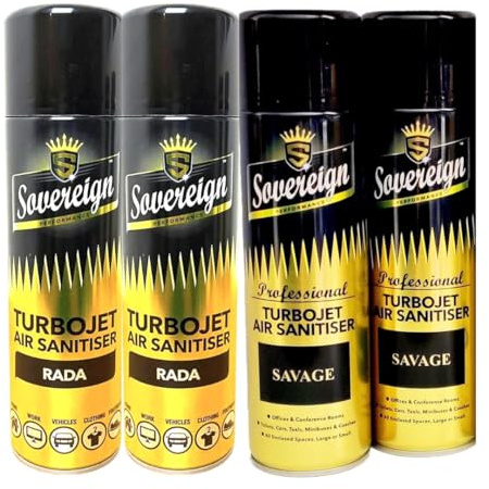 CD Sovereign Aerosols 4-Pack Turbojet Air Sanitiser Spray – 2× RADA & 2× Savage – 500 ml Designer Fragrance Air Freshener Odour Neutraliser for Car, Home & Office