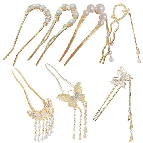 7 bastoncini cinesi per capelli, forcine vintage con perla e fiore, bacchette a forma di U per chignon raccolto, accessori retrò (Oro)