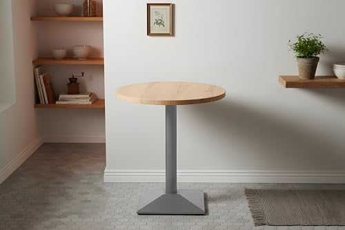 SAM Bistrotisch Joan | 80 x 80 cm | Holz | Farbe: Eiche | Rund | silbernes eckiges Säulengestell aus Metall | Säulentisch/Esstisch für Küche, Café & Essbereich