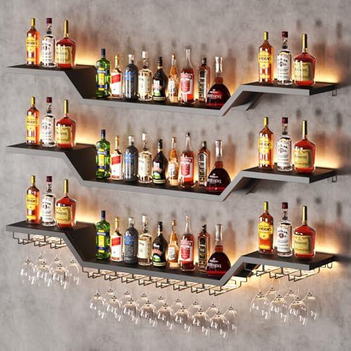 KCYXSMAX Portabottiglie da Parete Metallico con LED, 3 Livelli Mensola Per Vino Industriale Calice E Portabicchieri, per Vino, adatto per Bar, Cucine e Ristoranti (160cm)