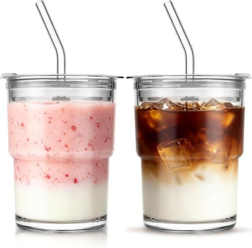 LATERN 2Pcs 400ml Glass Tumblers with Lid and Glass Straw, 13oz Thick-Walled Iced Coffee Cup Reusable Clear Glassware Cup for Water, Iced Tea, Coffee, Juice Hot & Cold Drinks, Travel & Daily Use