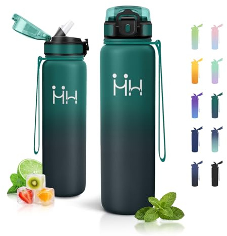 JAPORIA Gourde 1L avec Paille, sans BPA, Étanche, Gourde avec les Boissons Gazeuses, Double Paroi, Bouteille Réutilisable, pour Camping, Outdoor, Sport, Yoga