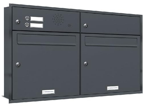 AL Briefkastensysteme, 2er Unterputzbriefkasten mit Klingel in Anthrazit Grau RAL 7016, 2 Fach wetterfeste Briefkastenanlage, Doppel-Briefkasten, Design modern