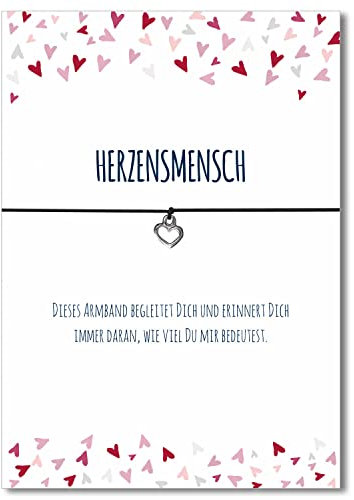 Glücksschmiedin - Wunscharmband mit silberfarbenem Herz-Anhänger und schöne Karte, elastisches Textilarmband größenverstellbar, Postkarte Herzensmensch mit Glücksbringer