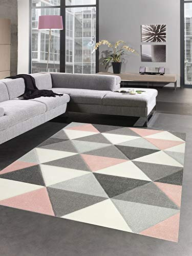 CARPETIA Teppich Wohnzimmerteppich Dreieck rosa grau Creme Größe 200 x 290 cm