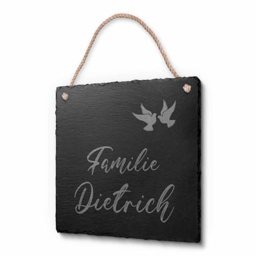 Schöne Schiefer Türschilder für die Haustür mit Gravur | Schiefer-Schild mit Kordel zum Aufhängen in ca. 20x20 cm Gravierte Namensschilder Klingelschilder mit Namen oder Texten Herzlich Willkommen