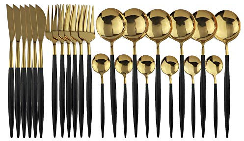 JANKNG Ménagère 24 pièces Couverts en acier inoxydable 18/0 avec couteau, fourchette, cuillère à café, service pour 6 personnes, manche noir doré