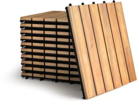 COSTWAY Set om 10 30 x 30 cm terrassplattor trä, golvplattor akaciatträ, träplattor golvbeläggning, klickplattor brun