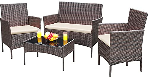 Greesum Patio Furniture 4 Pieces Conversation Sets Outdoor Wicker Rattan Chairs Garden Backyard Balcony Porch Poolside loveseat with Soft Cushion and Glass Table, Brown and Beige